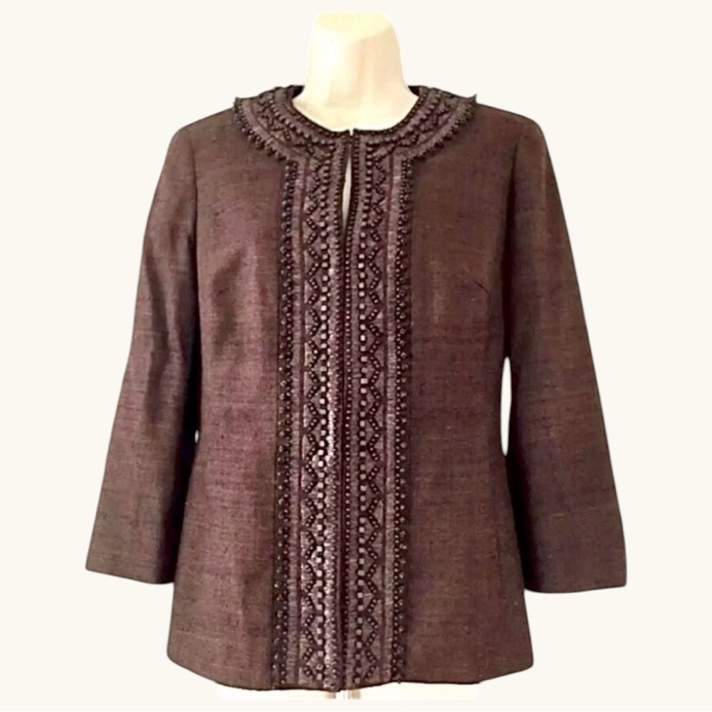 🤎 Talbots Collection 100% Silk Beaded Trim Jacket | Quiet Luxury | Size 8